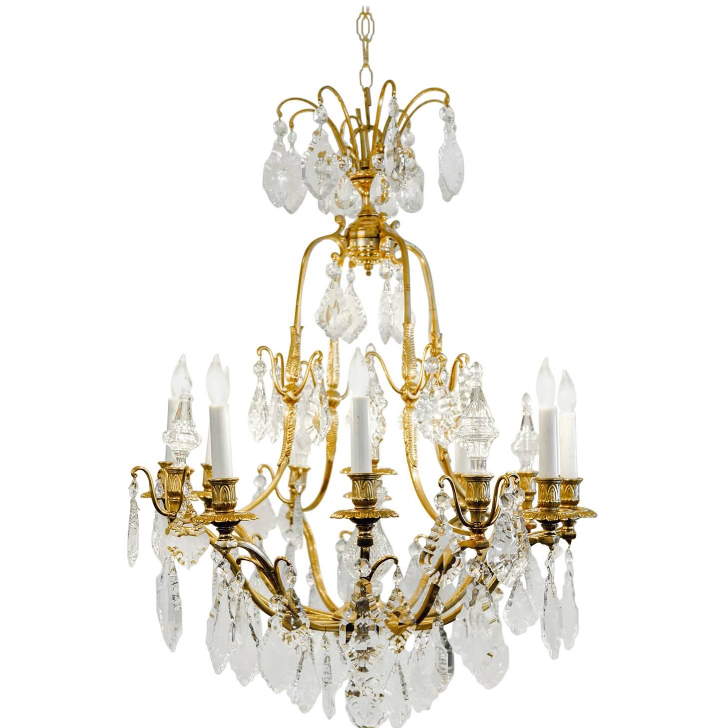 Antique French Cut Crystal Eight-Arm Brass Frame Chandelier
