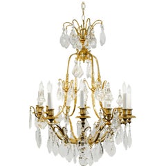 Antique French Cut Crystal Eight-Arm Brass Frame Chandelier