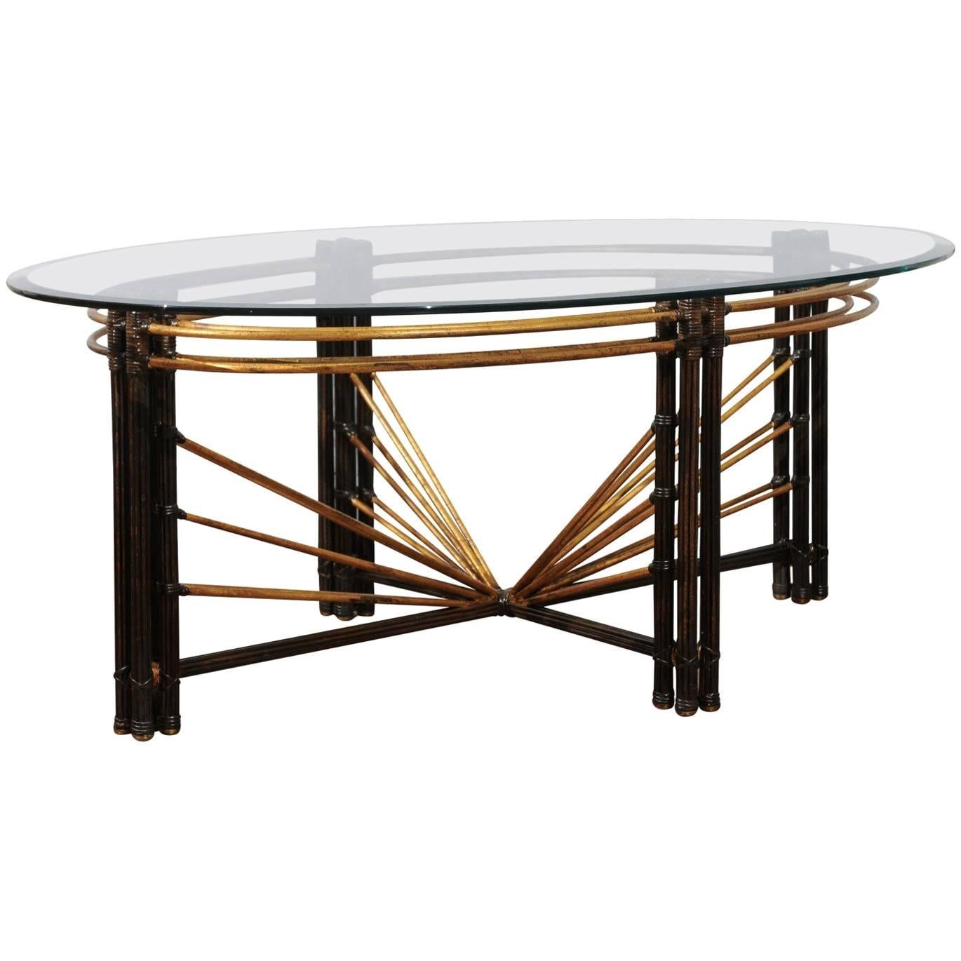 Extraordinaire table basse en acier, faux bambou et laiton, datant d'environ 1970