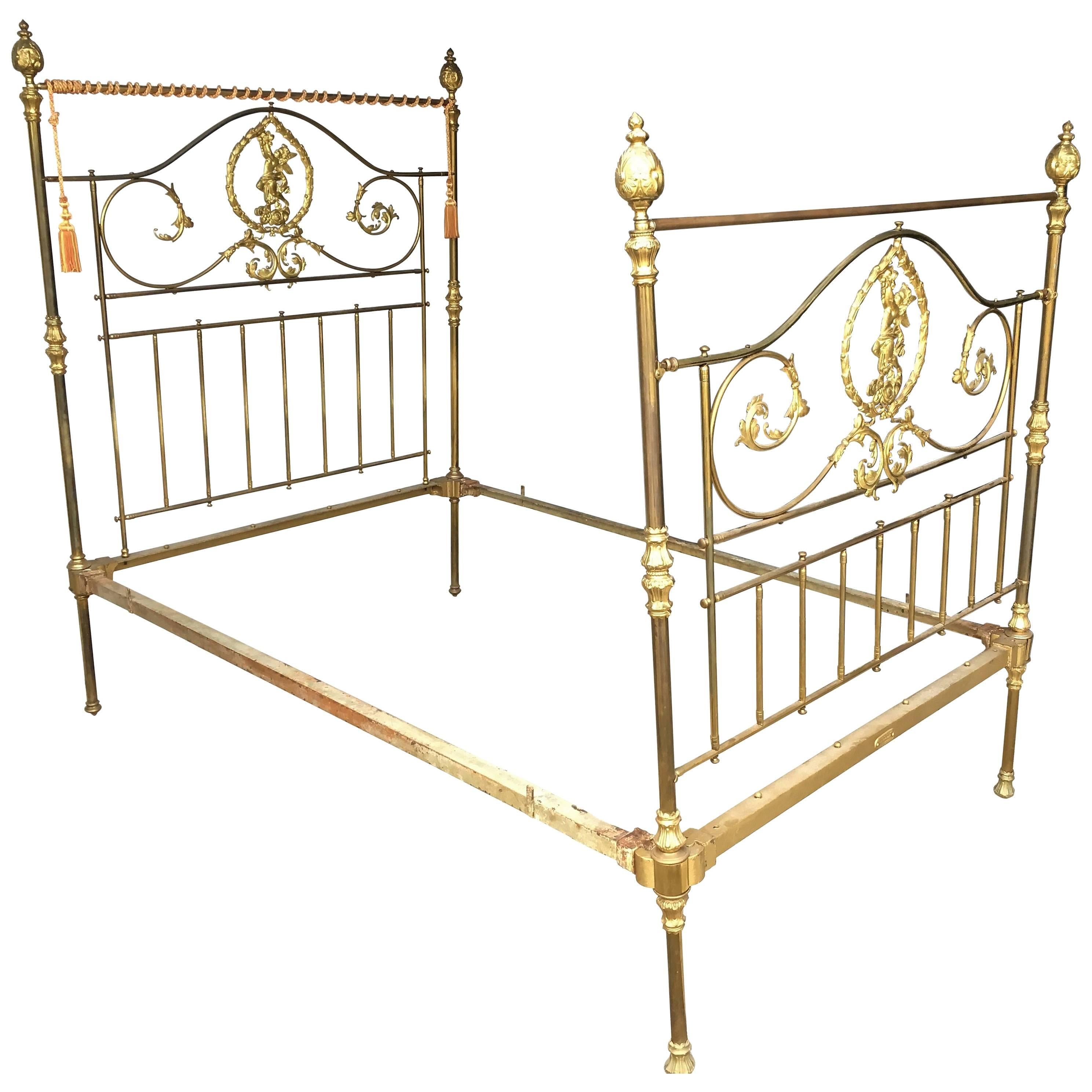 19th French Century Bronze Twin Bed with Cherubs, Headboard