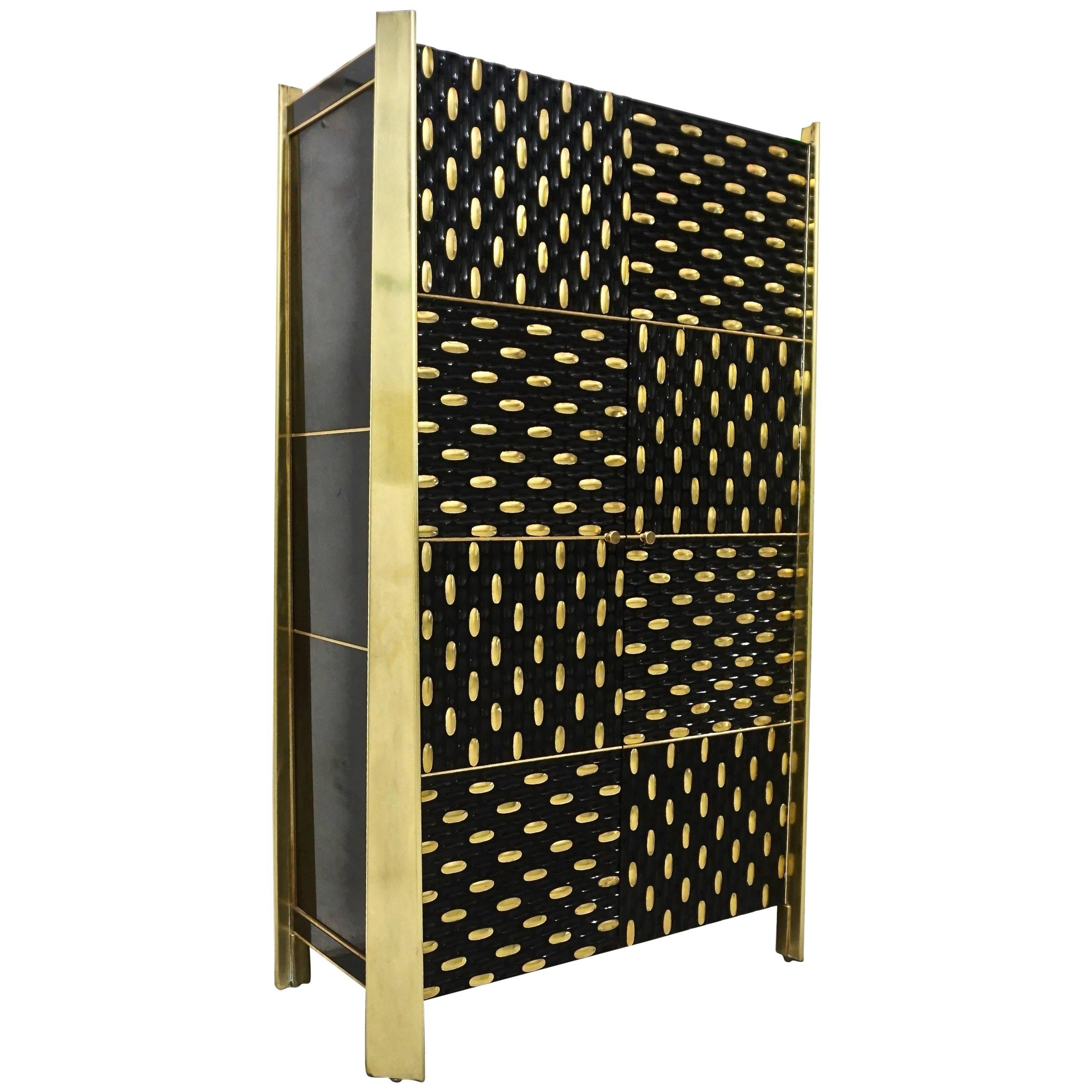 1980s Unique Italian Black Lacquered and Gold Brass Tapered Cabinet Bar