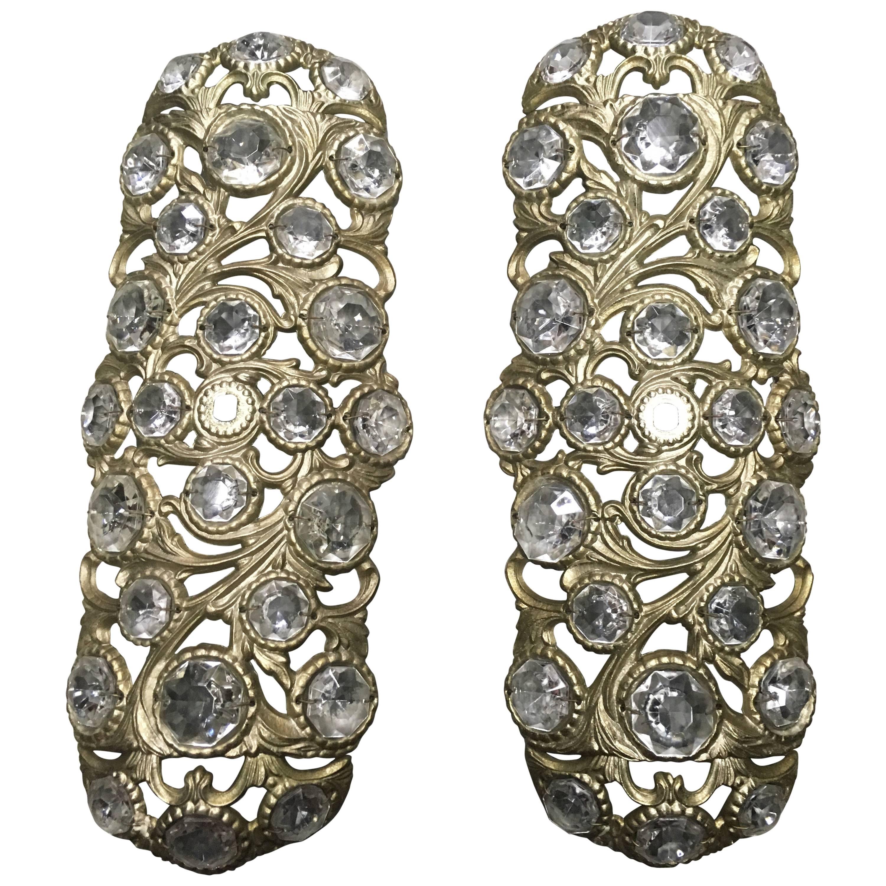Pair of 1970s Italian Bronze Sconces Embellished with Crystals