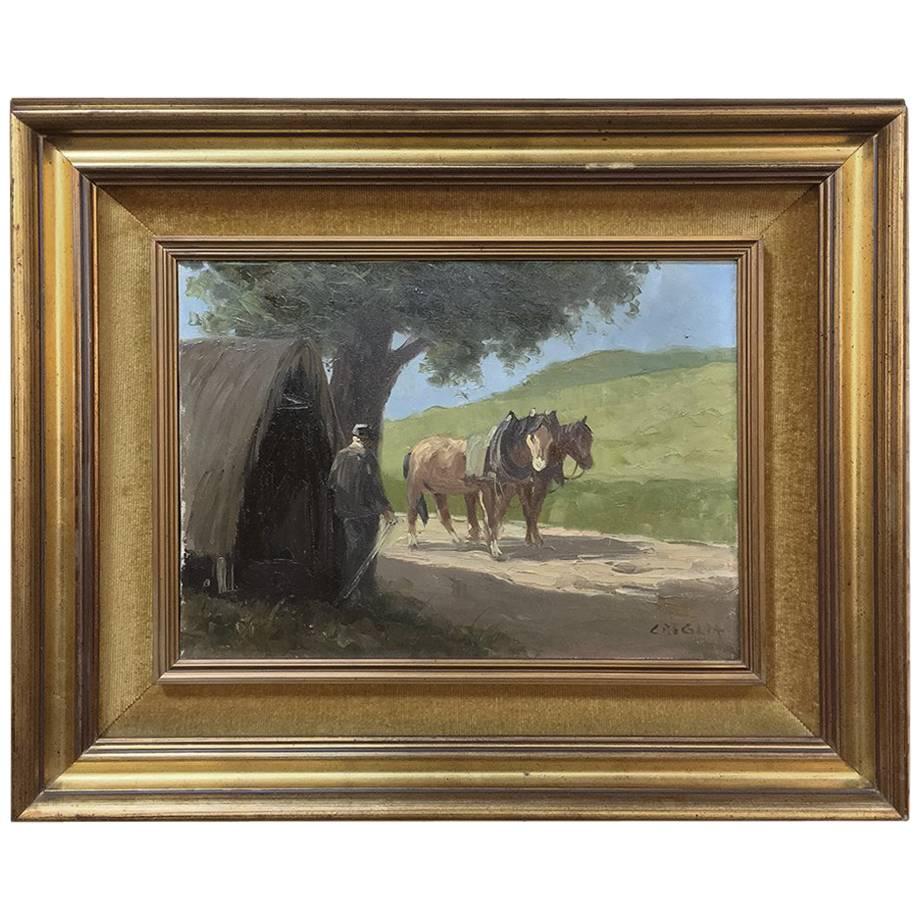 Antique Framed Country French Landscape Oil Painting in Gilt Frame by Reglet