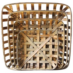 Vintage Set of Four Wooden Tobacco Weave Square Baskets