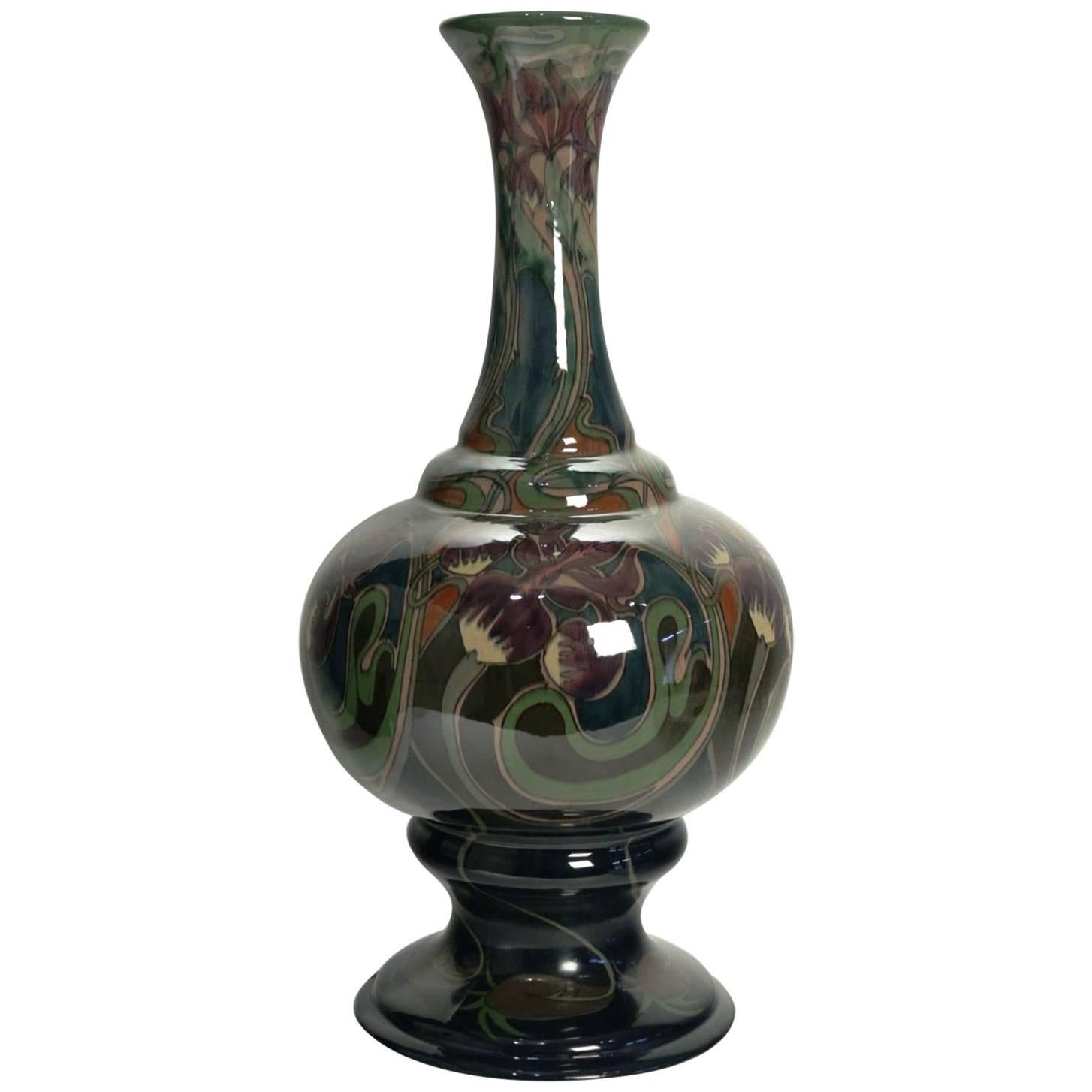Fabulous and Rare Large Art Nouveau Vase, Tulips and Iris, by Adrianus De Jong For Sale