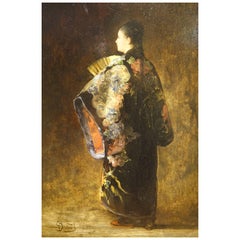 Back View of a Young Woman, Oil on Board, Signed Gustave-Adolphe Jund