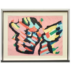 Vintage Karel Appel "Lying in Color ‘Pink Cat’" 1979, Signed, Framed in Chrome