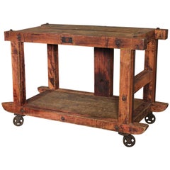 Rolling Kitchen Island Table or Cart Rustic Vintage Wood, Metal and Cast Iron