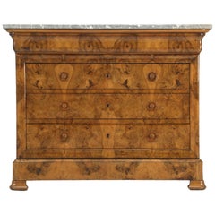 Antique French Burl Walnut Commode with Marble Top, circa 1800s