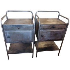 Pair of Used French Industrial Steel Nightstands or Side Tables