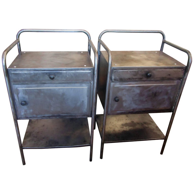 Pair of Vintage French Industrial Steel Nightstands or Side Tables at
