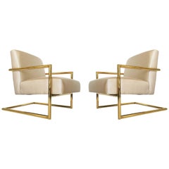 Tubular Brass Cantilevered Lounge Chairs, Milo Baughman Style
