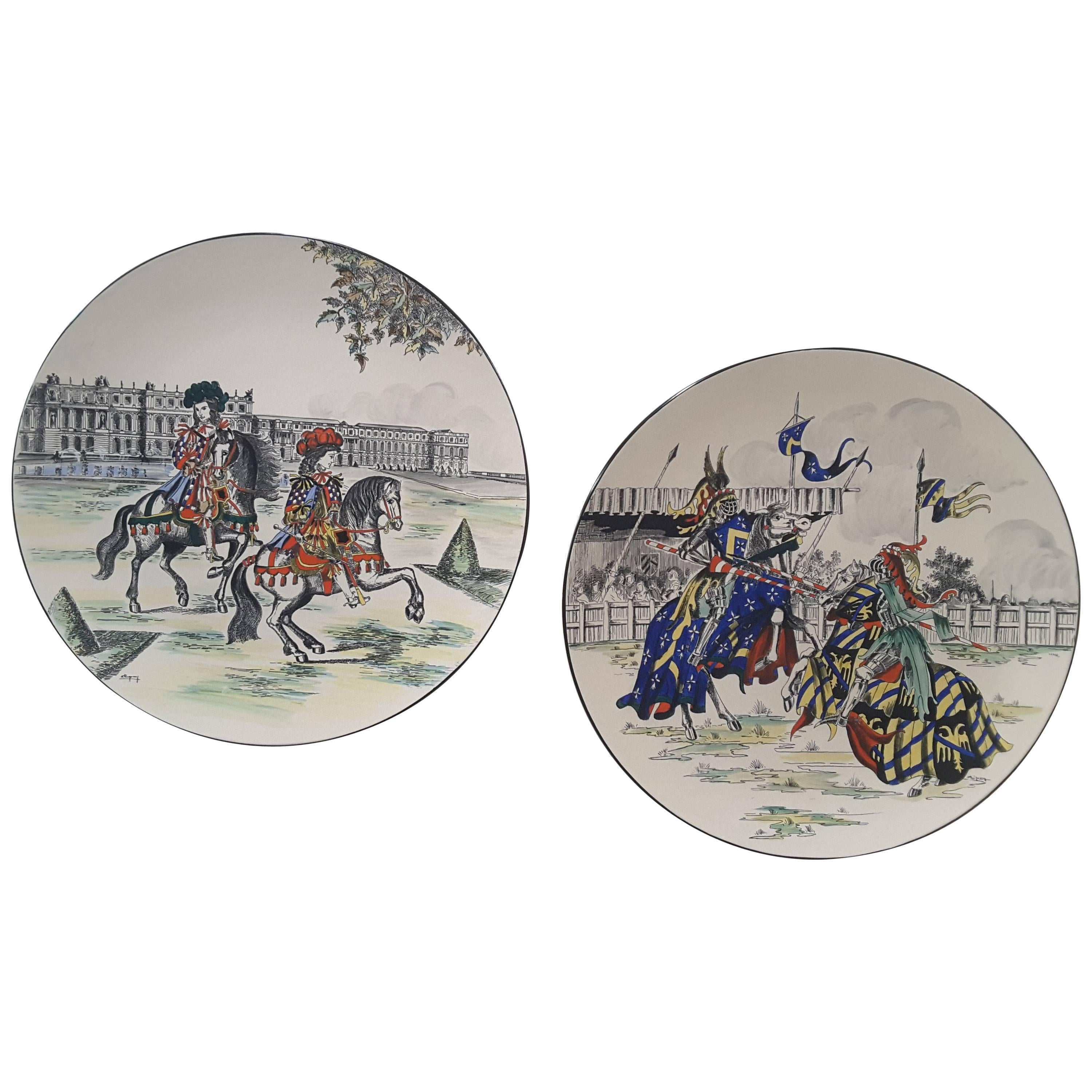 Pair of Large Longwy Medival Scene Painted, 1950s Chargers For Sale