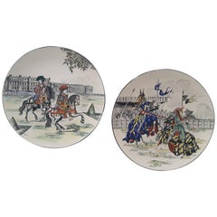 Vintage Pair of Large Longwy Medival Scene Painted, 1950s Chargers