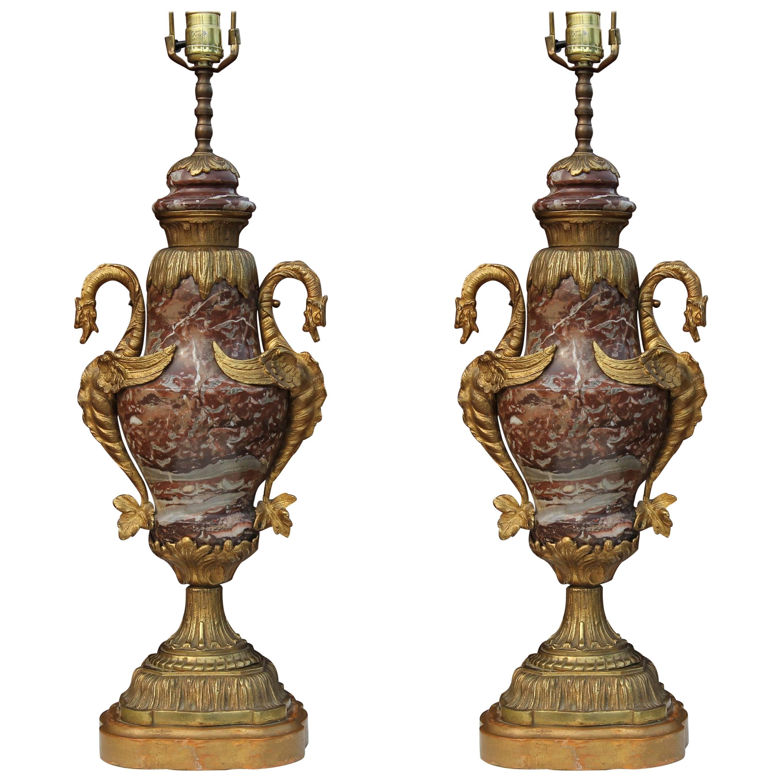 Pair French 19th Century Style Marble and Brass Lamps