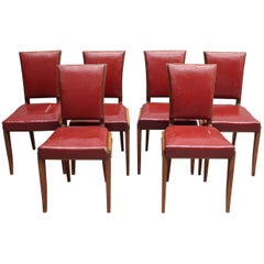 Set of Six Fine French Art Deco Walnut Dining Chairs by Maxime Old