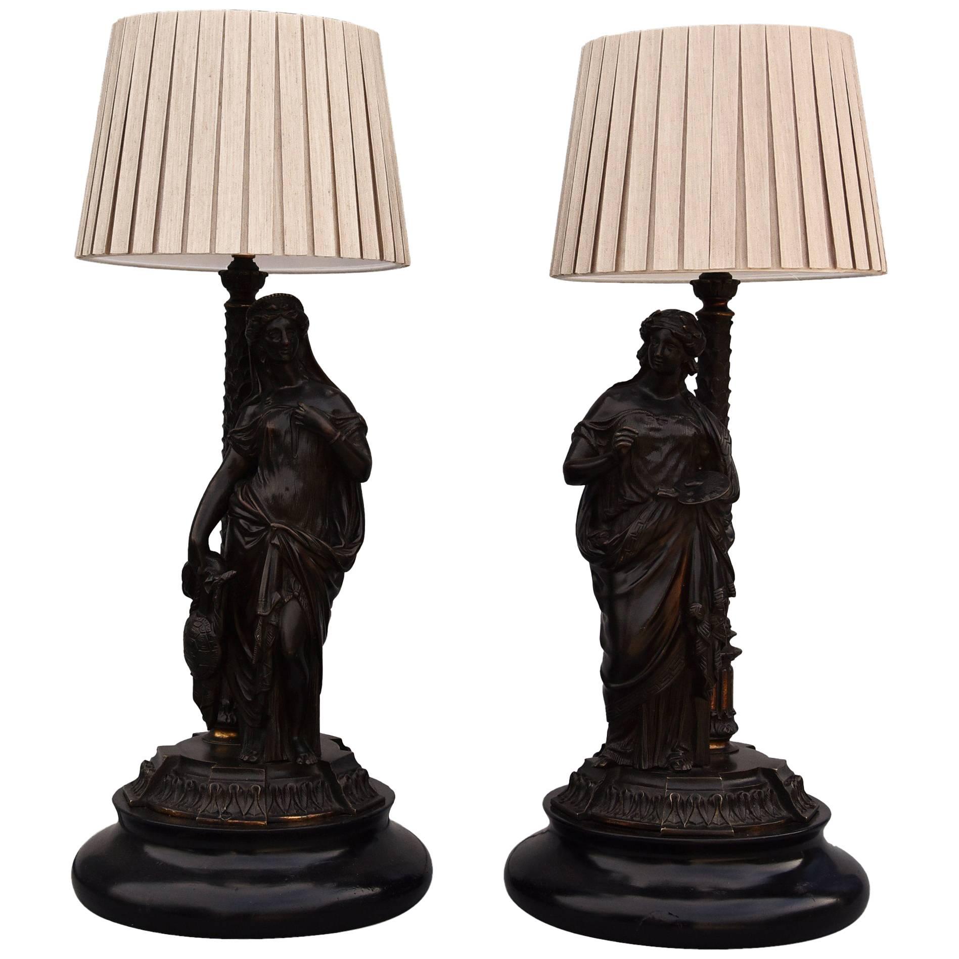 Pair of Bronze Table Lamps in the Form of Classical Grecian Figures For Sale