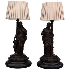 Antique Pair of Bronze Table Lamps in the Form of Classical Grecian Figures