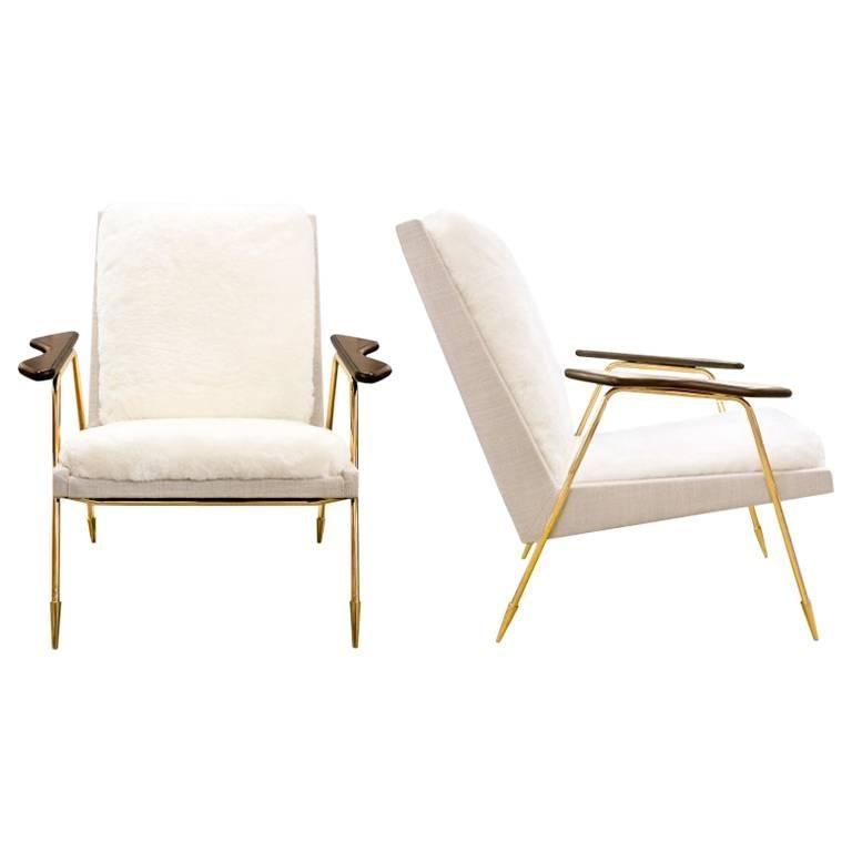 Ingmar Shearling and Brass Lounge Chair with Walnut Arm at 1stDibs