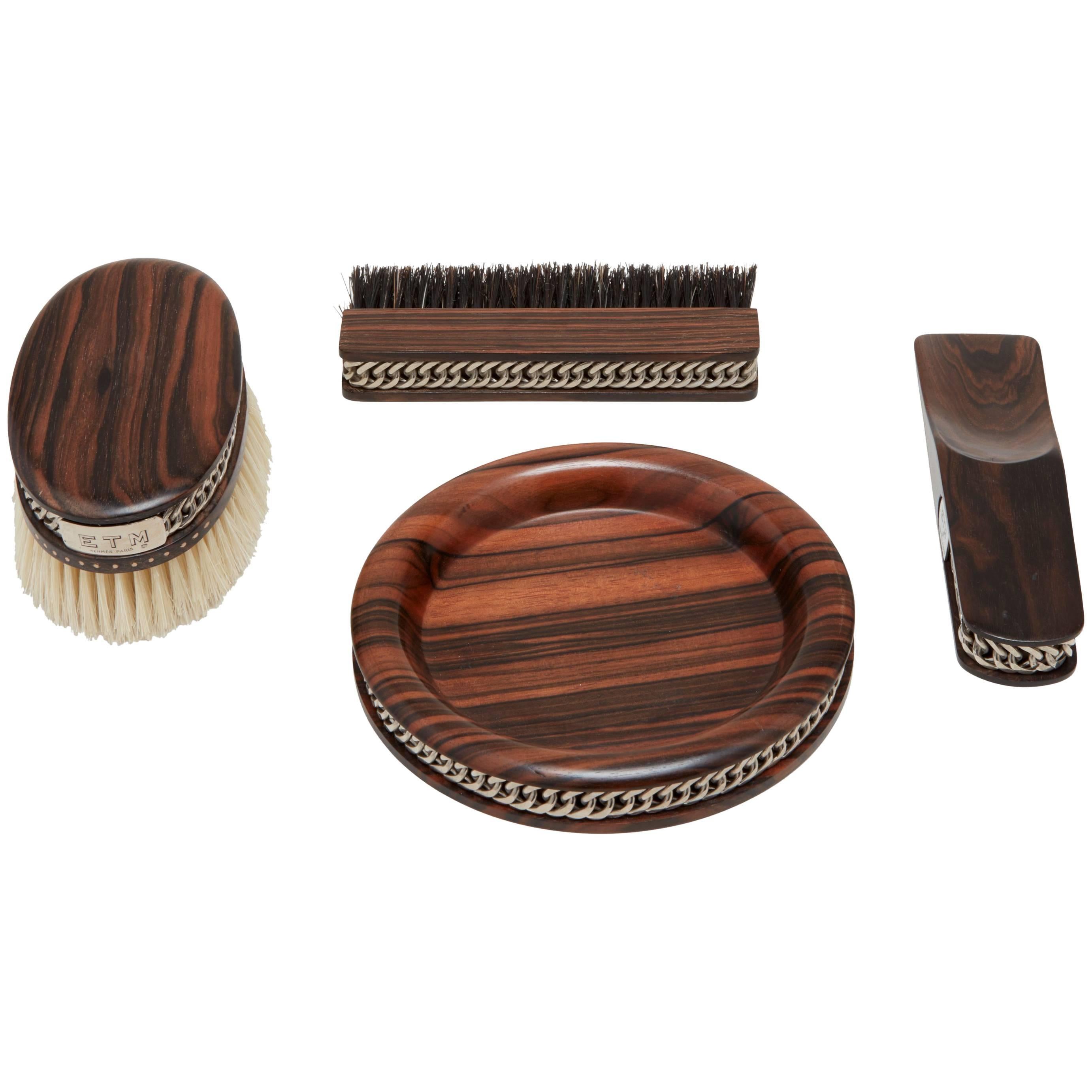 Hermès Wood and Sterling Silver Brush Set For Sale