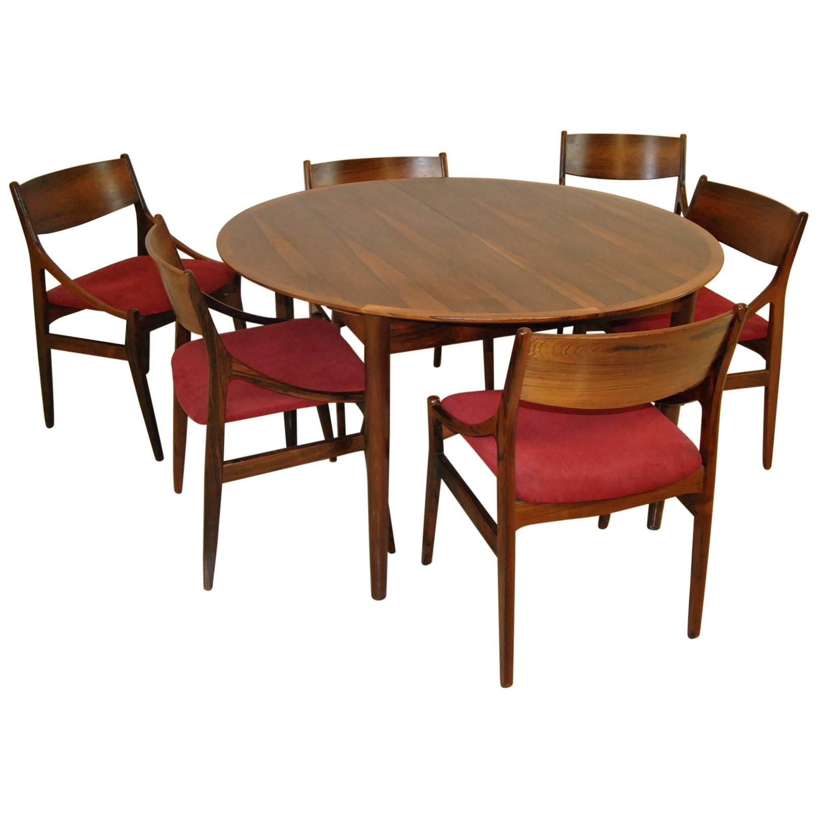 Danish Modern Rosewood Dining Table and Six Chairs by H. Vestervig Eriksen