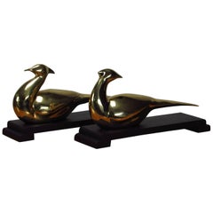 Mid-Century Modern Bookends, Pair of Birds in Brass on Wood Carved Bases