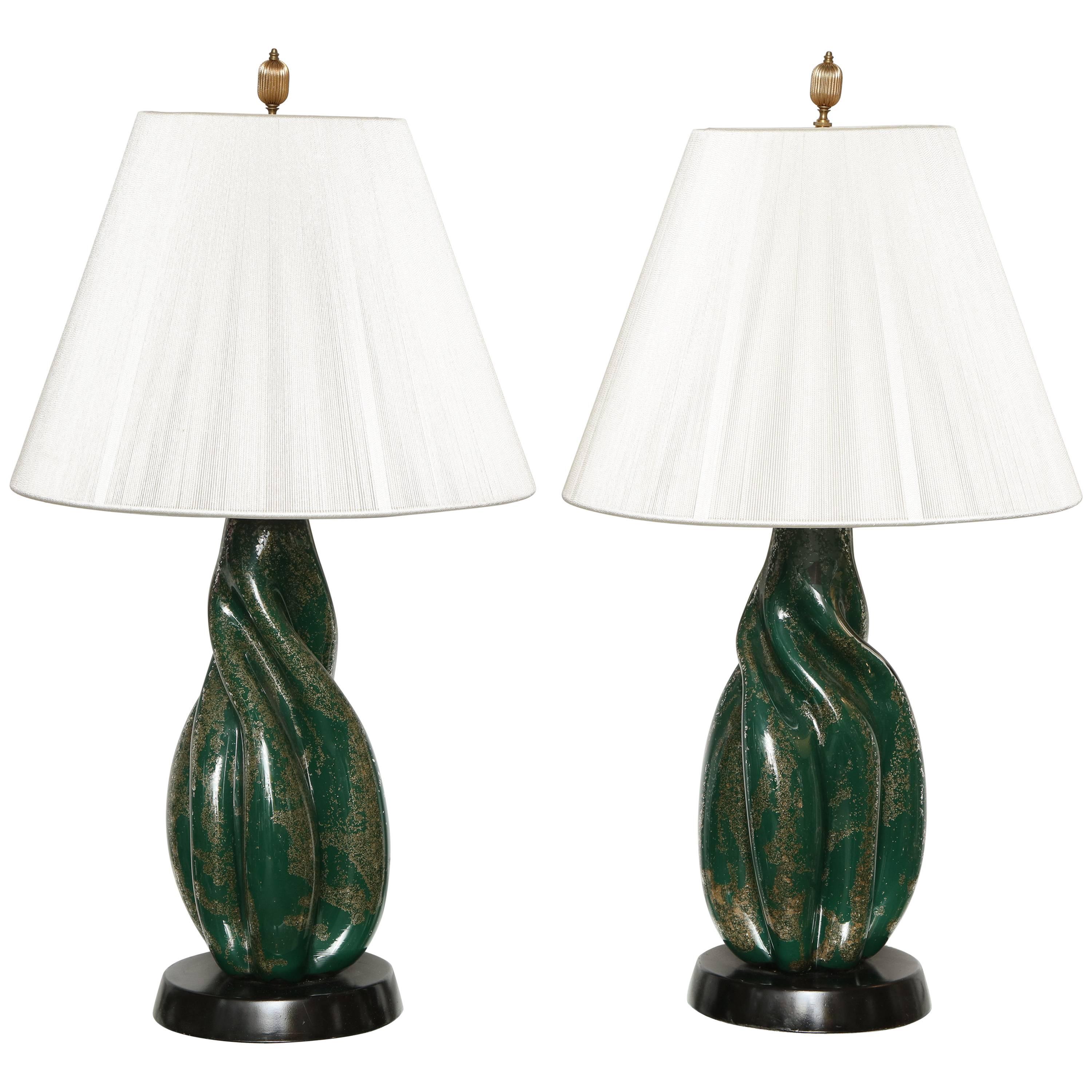 Murano Green and Silver/Gold Fleck Twist Cased Glass Lamps