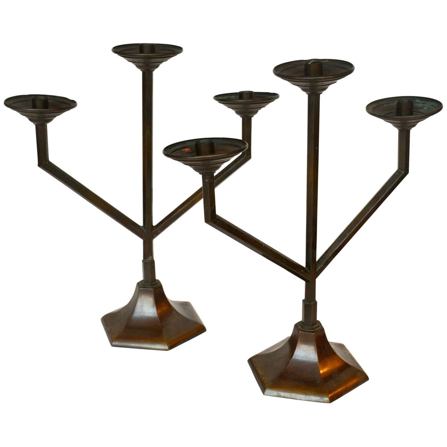 1930's Pair of Modernist Dutch Triple Arm Candle Holders
