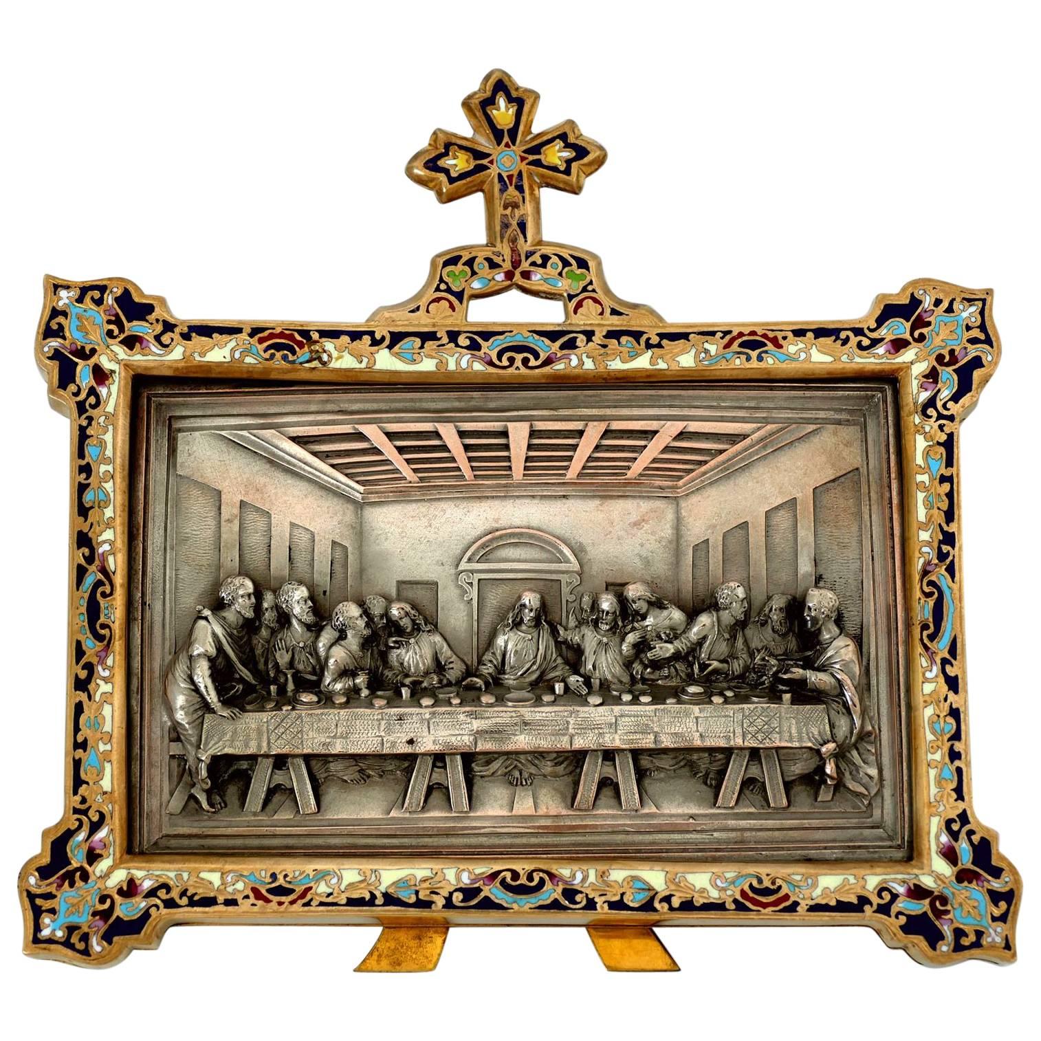 Antique French Champleve Enamel Frame Leonard De Vinci's Last Supper For Sale
