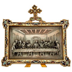 Antique French Champleve Enamel Frame Leonard De Vinci's Last Supper