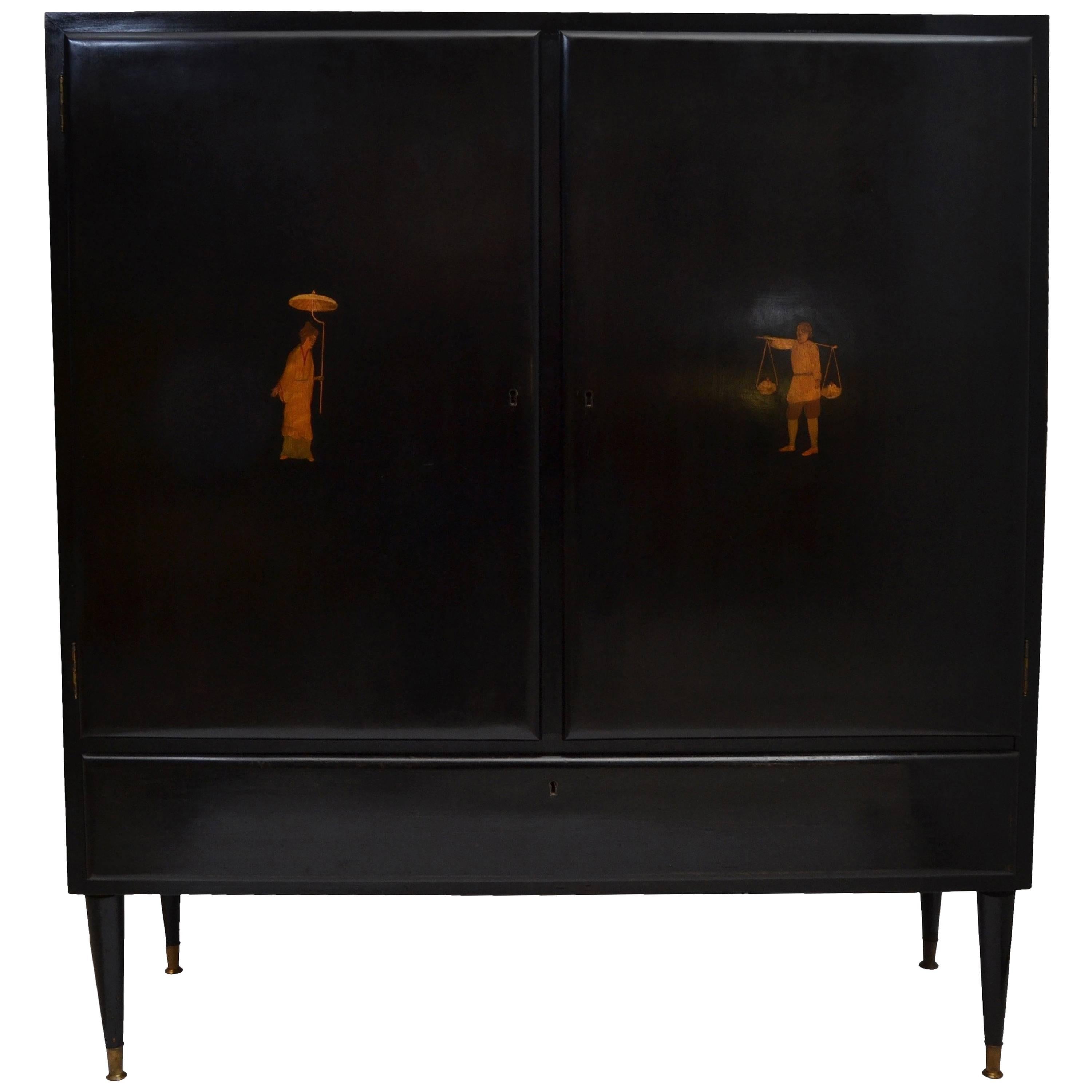 Ebonized Cabinet from Italy with Marquetry Details