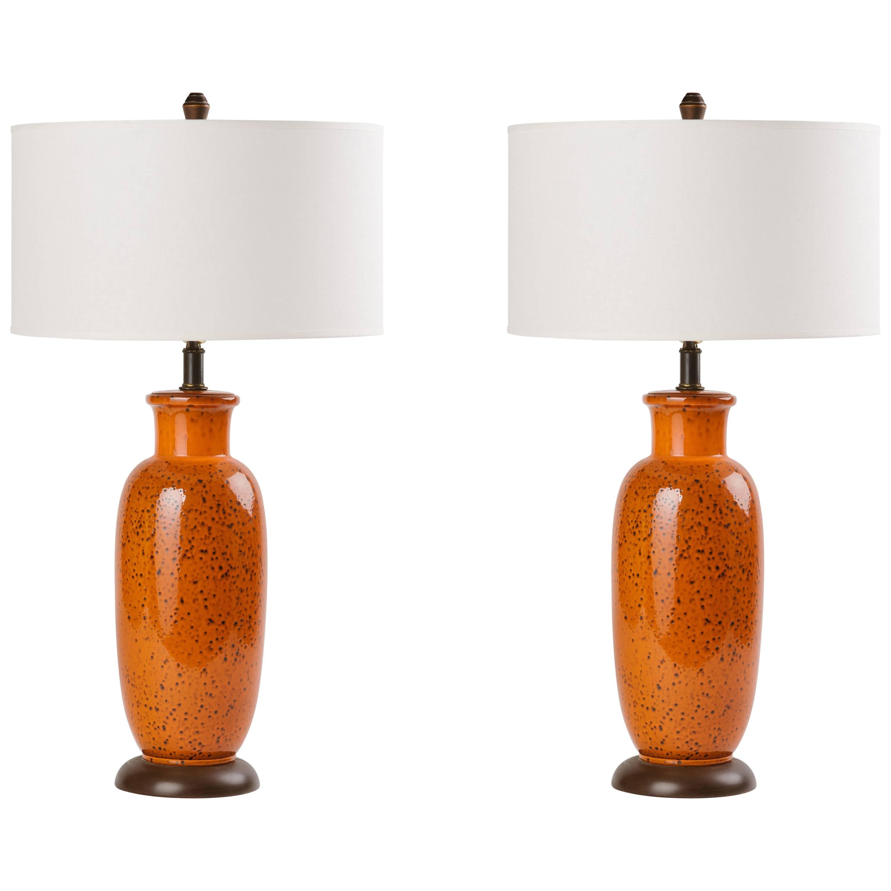 Pair of Mid-Century Modern Pottery Lamps in Burnt Orange