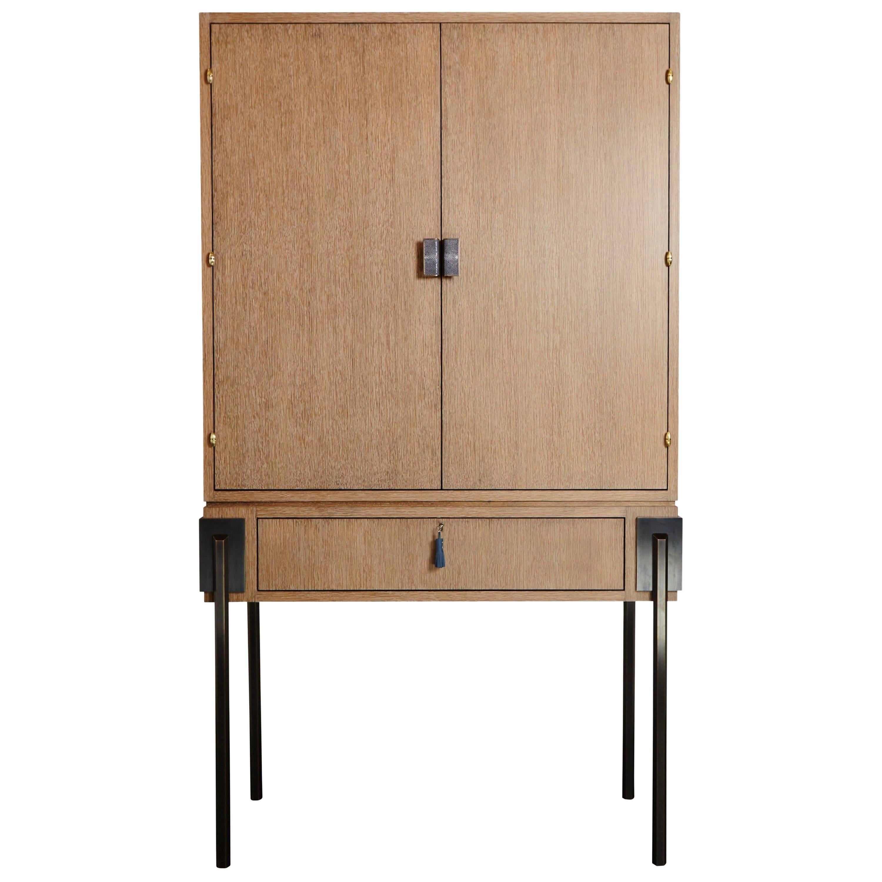 'Hex' Cabinet in Cerused Oak, Leather and Bronze by Christina Z Antonio For Sale