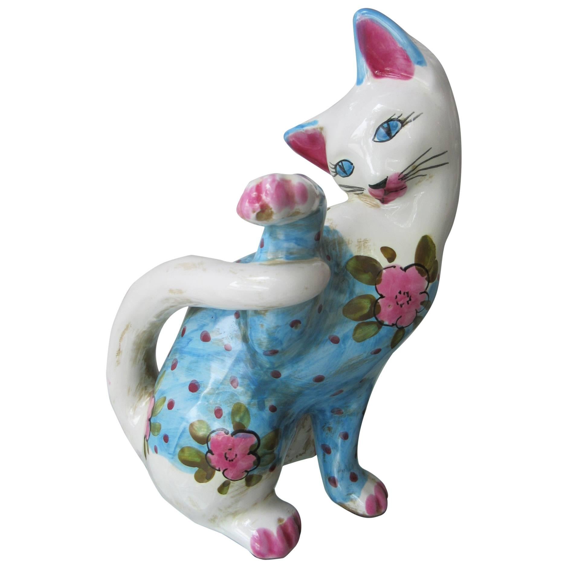 Vintage Italian Ceramic Cat 'Smaller' Handmade in Italy, Fornasetti Style For Sale