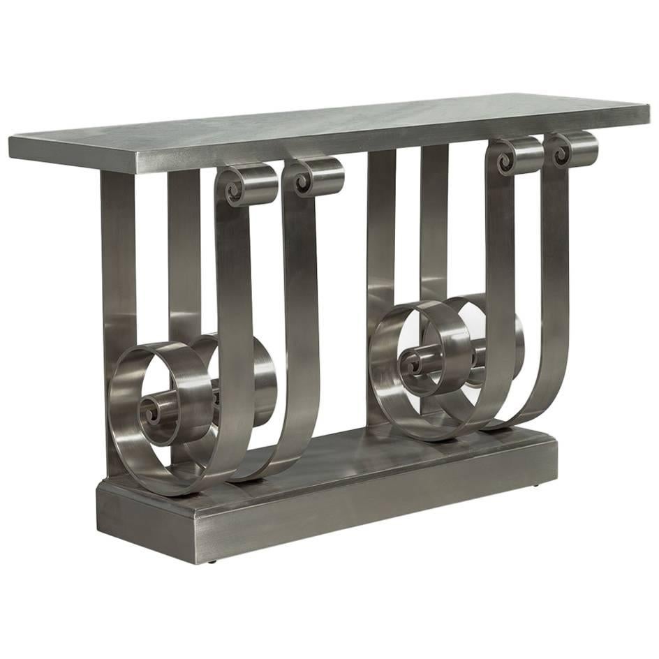 Stunning Polished Stainless Steel Marble-Top Console Entrance Table
