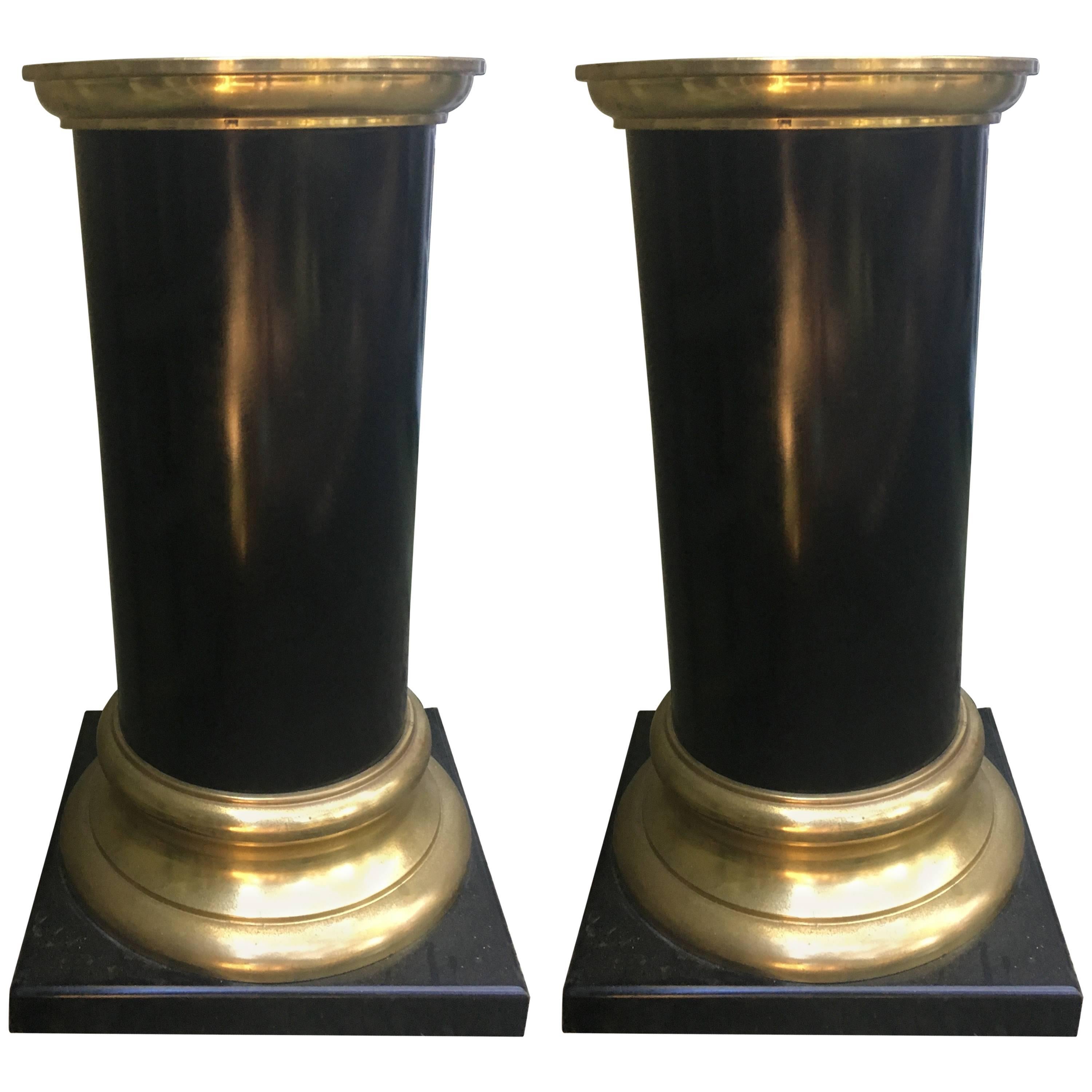 Handsome Pair of Wood and Brass Mid-Century Modern Pedestals