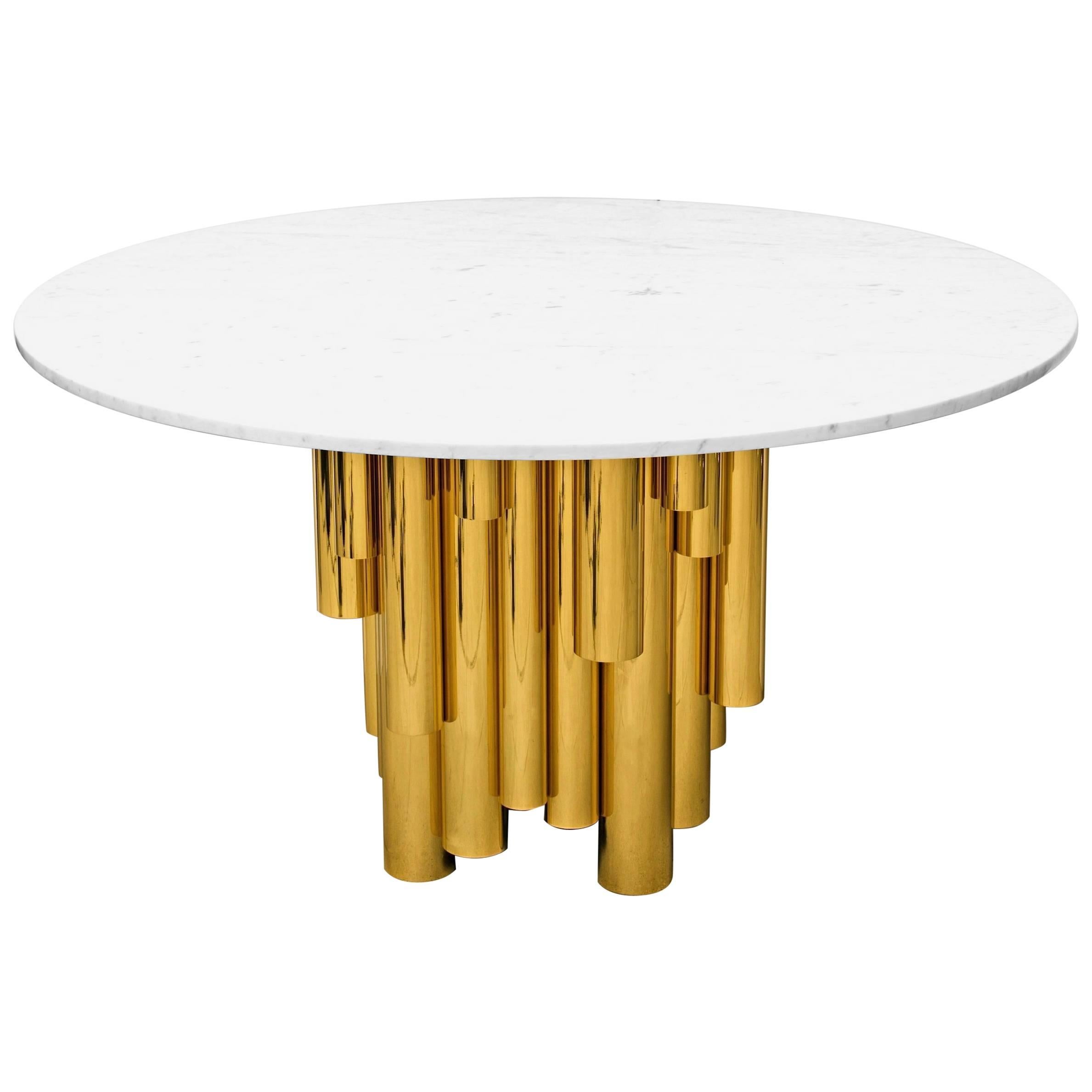 Round Brass Tubular Dining Table with Marble Top