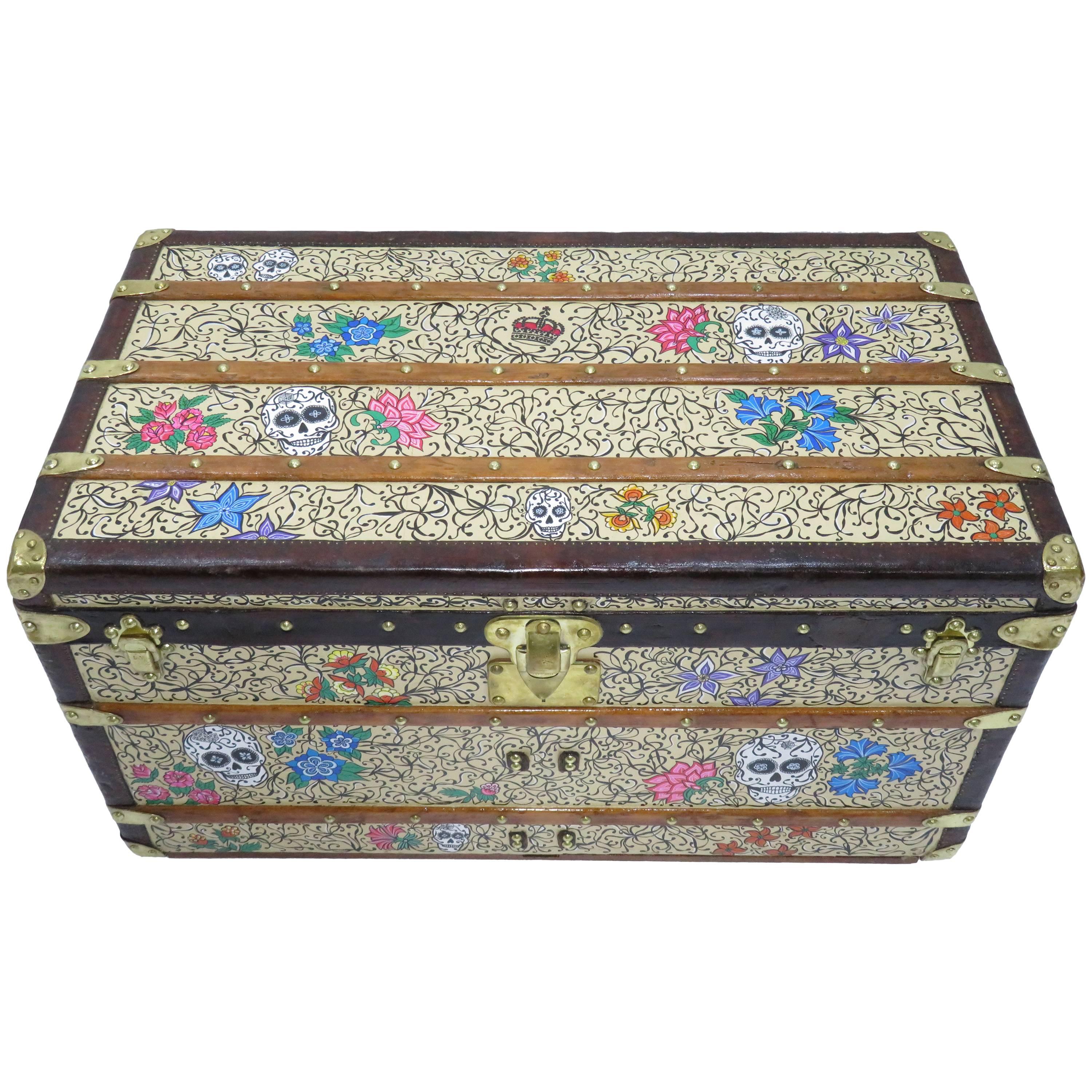1910s Louis Vuitton Courier Trunk Hand-Painted "Day of the Dead" For Sale