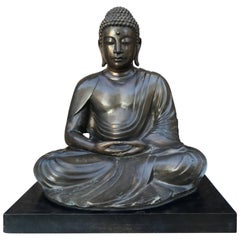 Large Fine Japanese Bronze Seated Buddha 25" tall with Custom Black Display Base