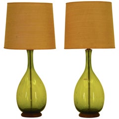 Joel Myers Large Blenko Table Lamps 1967 in Olive Green Glass