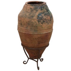 Vintage Very Large Clay Vase with Metal Stand