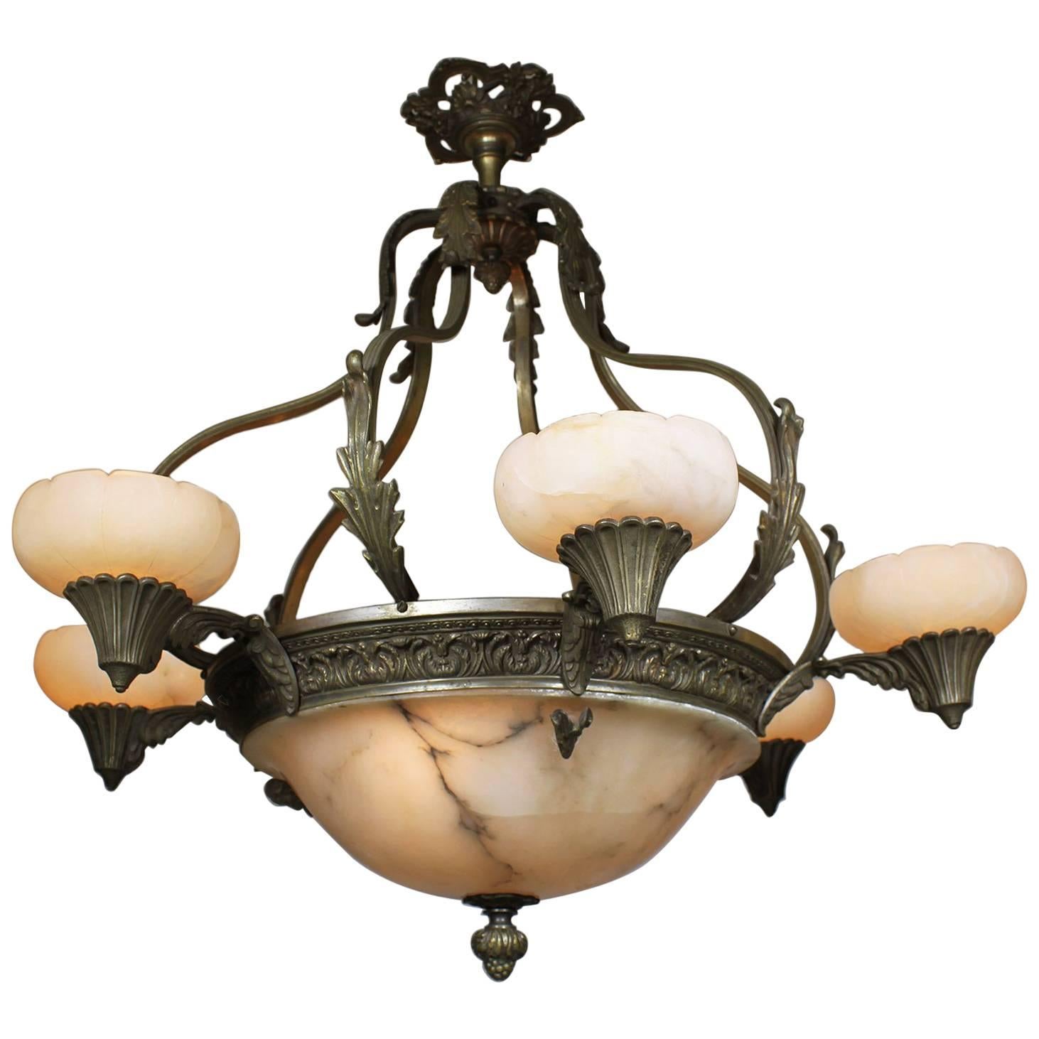 Early 20th Century Art Deco Silvered Bronze Alabaster Six-Light Chandelier For Sale