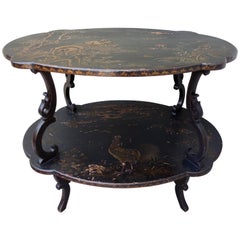 English Scalloped Black and Gold Chinoiserie Table