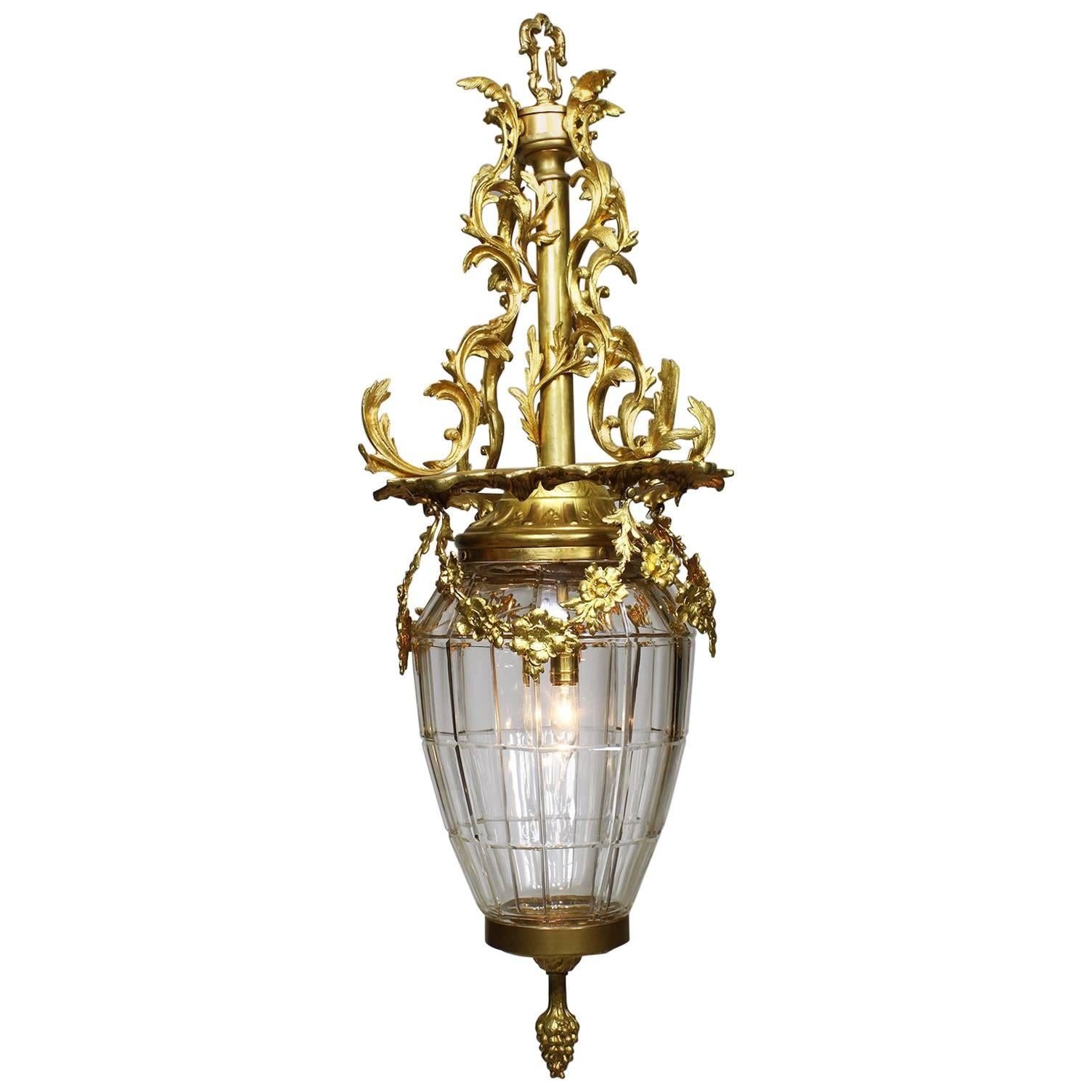 French 19th-20th Century Gilt-Bronze and Molded Glass "Versailles" Style Lantern For Sale