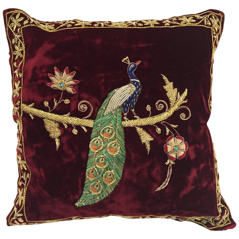 Velvet Burgundy Throw Silk Pillow Embroidered with Gold Peacock at 1stDibs