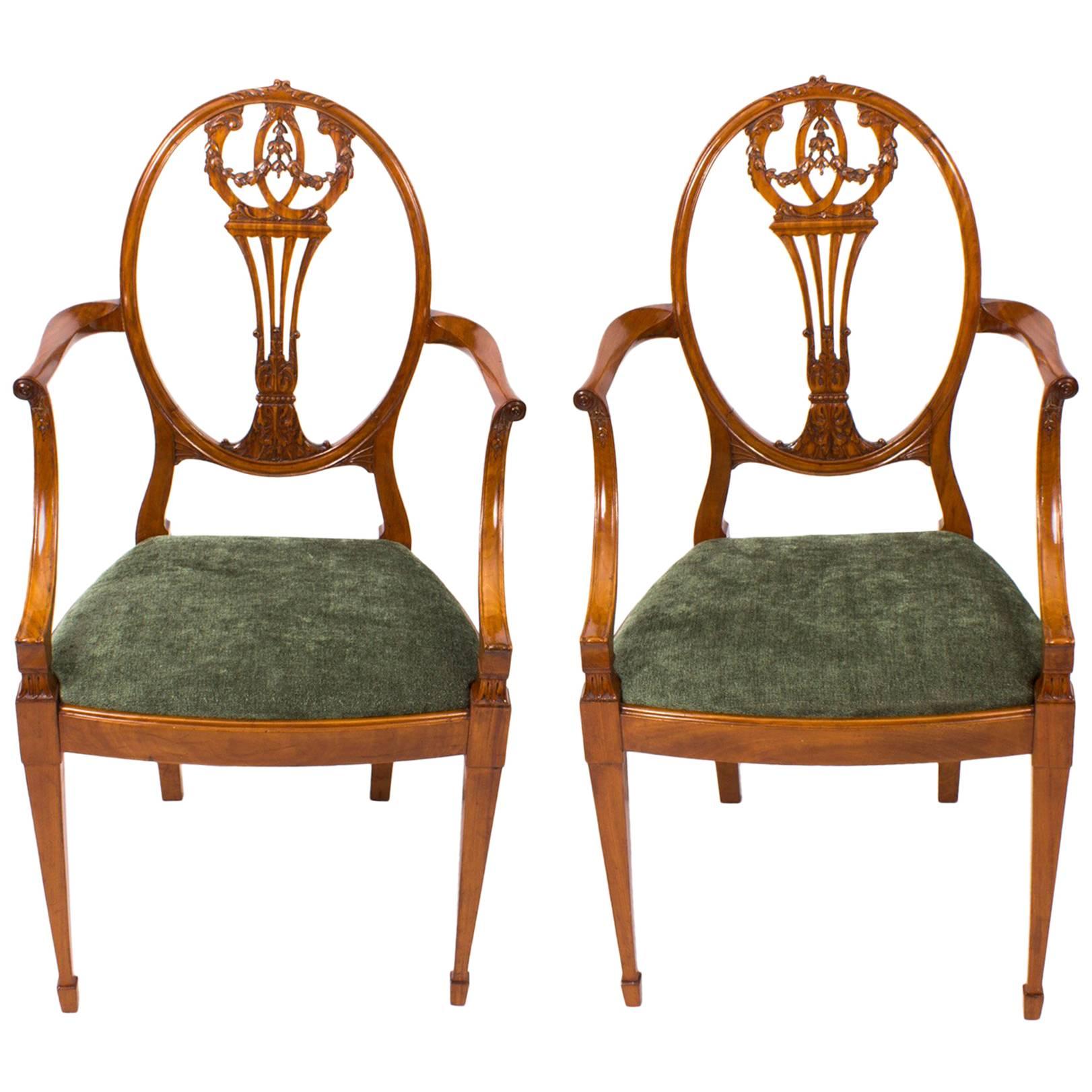 19th Century Pair of Sheraton Revival Satinwood Armchairs