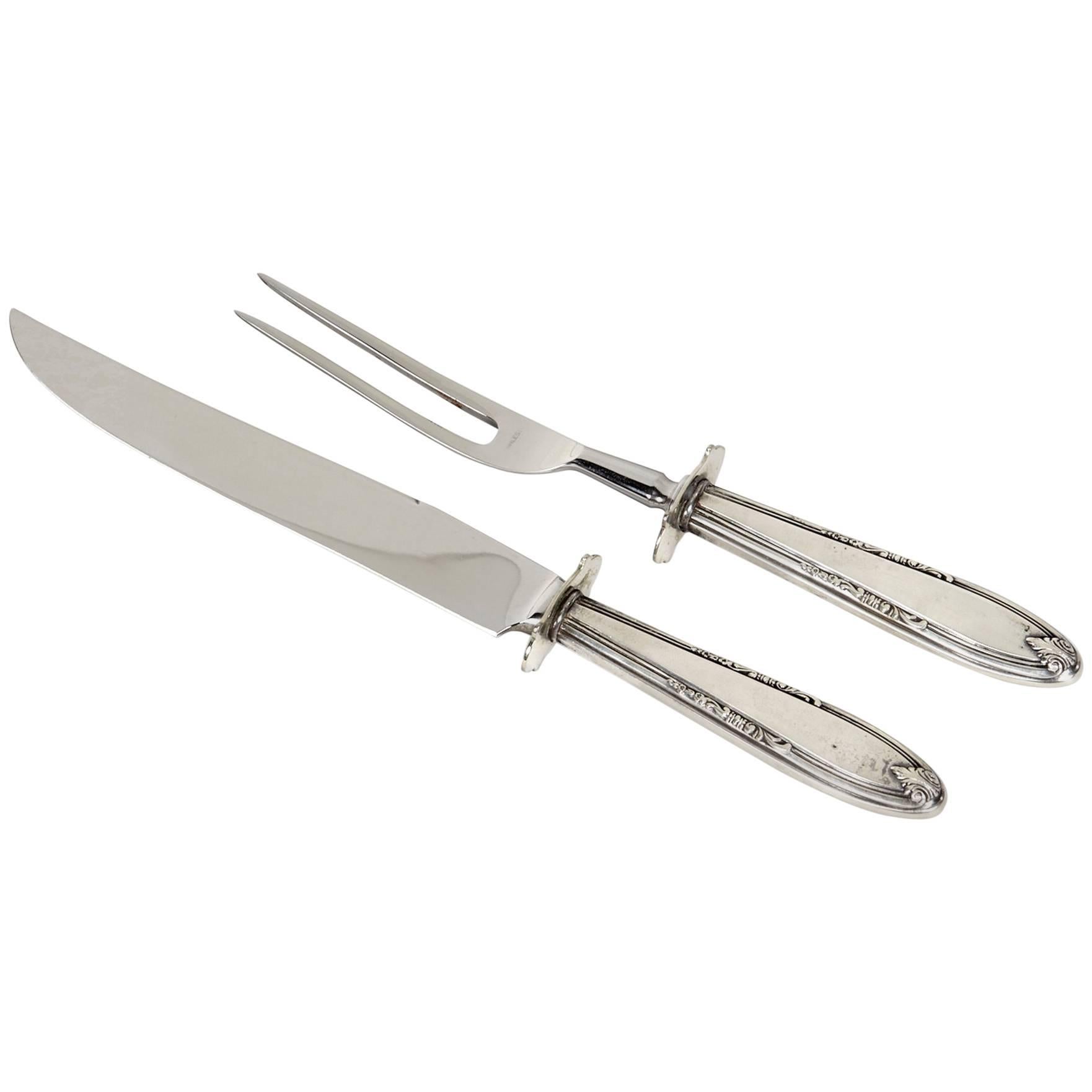 Sterling Silver Carving Fork and Knife Set For Sale