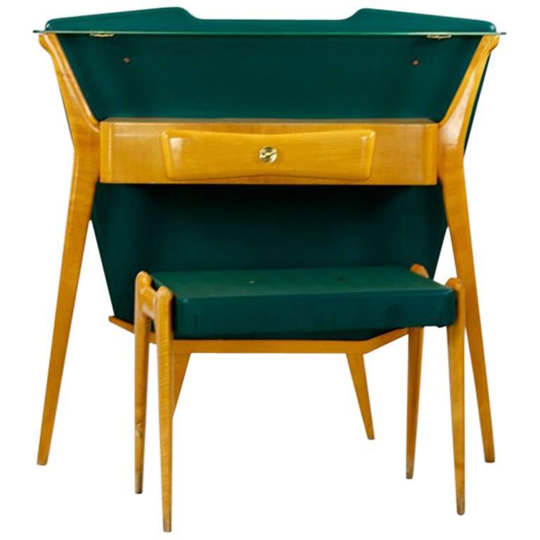Italian Wooden and Green Console with Fitting Stool, in the Manner of Ico Parisi For Sale