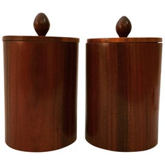 Retro Pair of Exotic Cocobolo Turned Wood Canisters