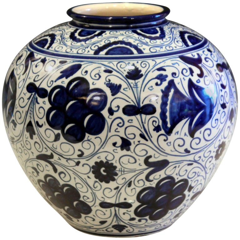 Large Cantagalli Blue White Vintage Italian Faience Pottery Floral Scroll Vase at 1stDibs